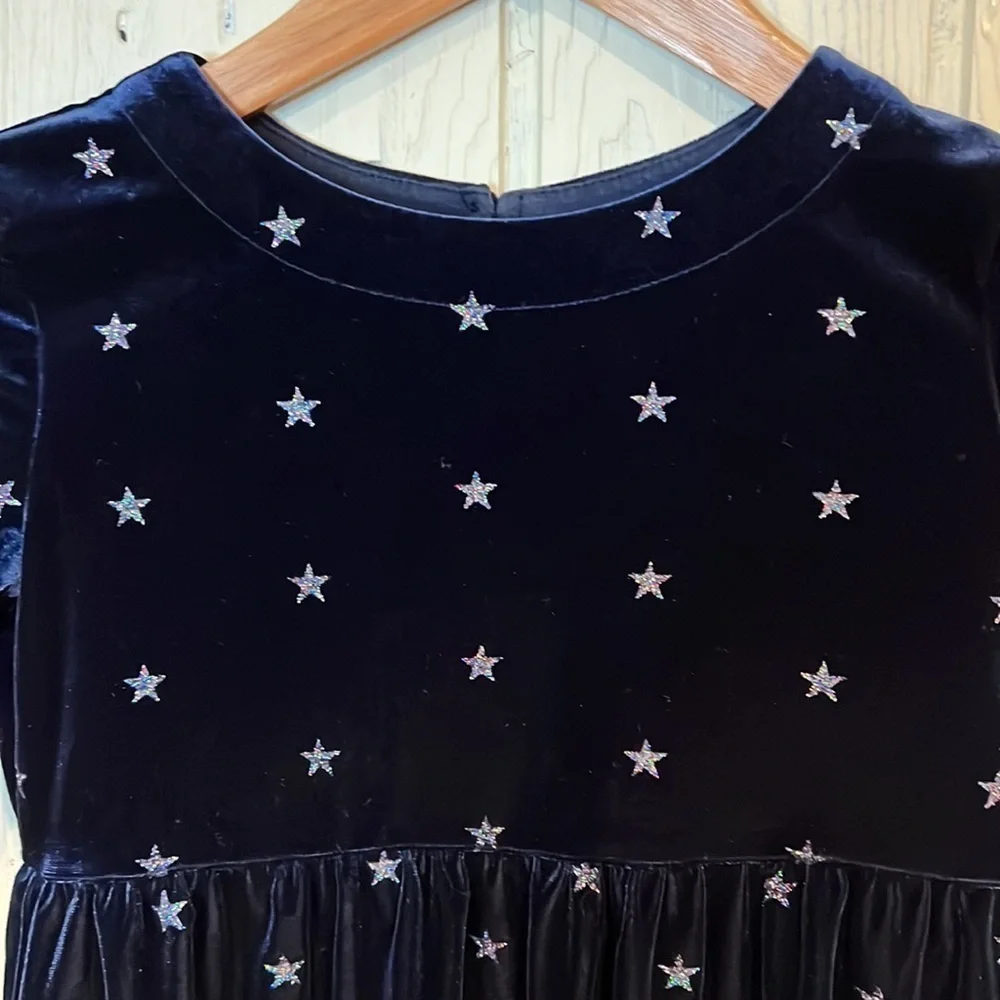 GAP Kids Girls Navy Long Sleeve Dress with Silver Sparkly Stars, Size S